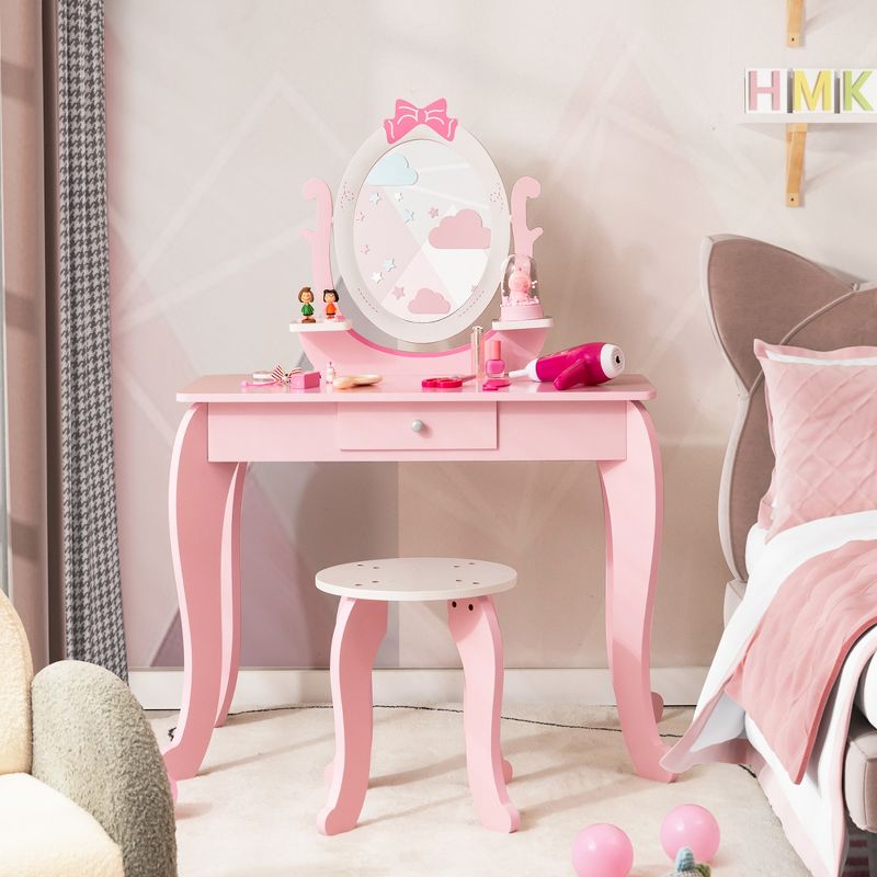 Costway Kid Vanity Table Stool Set with Adjustable Mirror Storage Drawer Makeup Pink, 3 of 11