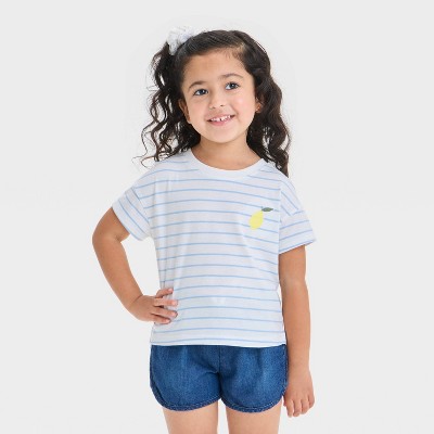 Toddler Girls' Lemon Striped Graphic T- Shirts - Cat & Jack™ Light Blue 4T