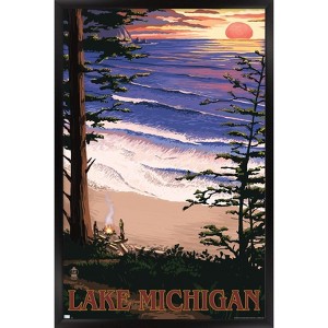 Trends International Lantern Press - Lake Michigan, Sunset on Beach Framed Wall Poster Prints - 1 of 4