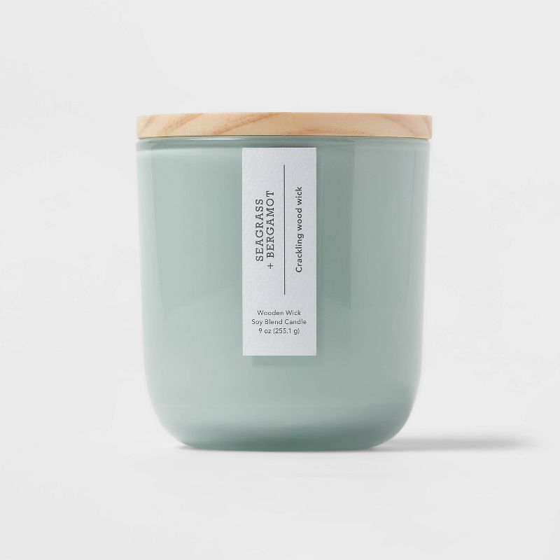 Round Base Glass Candle with Wooden Wick Seagrass and Bergamot Green - Threshold™, 1 of 5