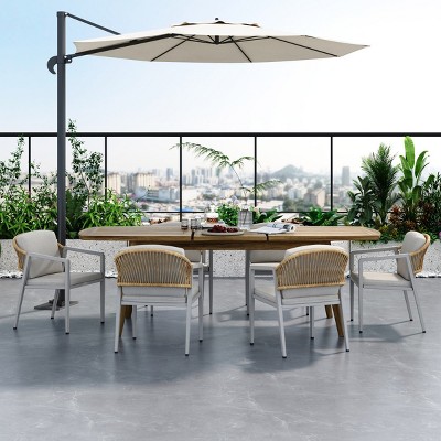 7-Piece Outdoor Dining Table and Chairs Set for 6, Acacia Wood Expandable Patio Table with Wicker Rattan Woven Chairs, Waterproof Cushions-Cuddlewood