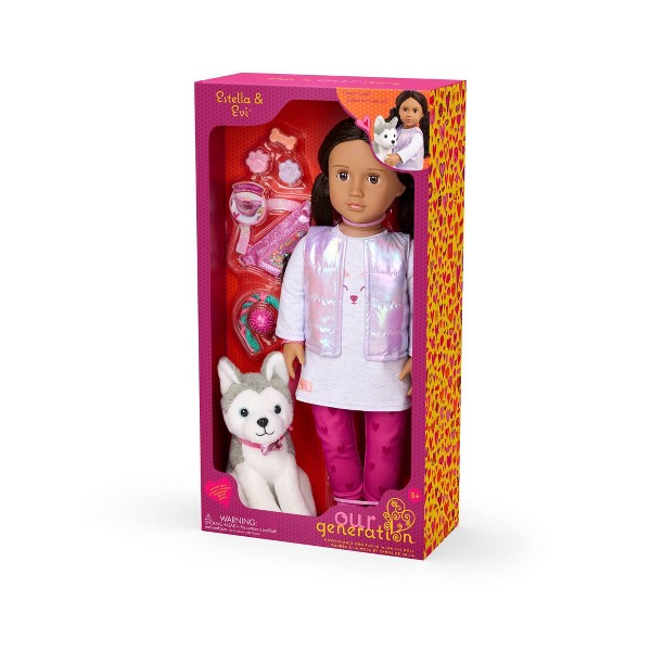 Set de Muñeca Our Generation Estella y Evi de 18" con Cachorro: Ojos Marrones, Cabello Ondulado, Materiales de Plástico y Poliéster 6