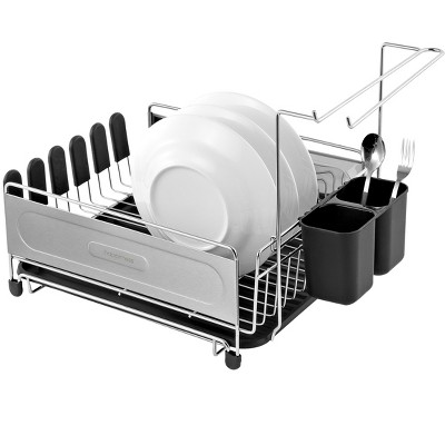 Compact Stainless Steel Dish Rack with Utensil Cup and Wine Glass Holder