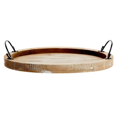 Rustic Oval Wooden Serving Tray with Black Handles