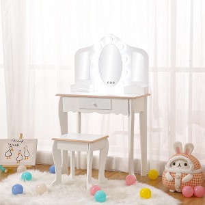 Kids Vanity with Lighted Mirror, Little Girls Vanity Table & Stool, Kids Makeup with Tri-Fold Mirror, Drawer & Storage Grid for 3-9 Yrs Girls - 1 of 4