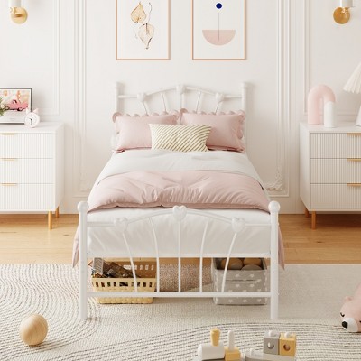Homhougo Twin Size Bed Frame, Heart Shaped Metal Bed Frame with Headboard and Footboard, Sturdy Slat Support, No Box Spring Needed