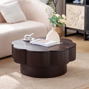 Gulches 31.5" Modern Plum Blossom Coffee Table - Flower-Shaped with Hidden Storage, Natural Wood Veneer & Fluted Texture, Easy Assembly - 1 of 4