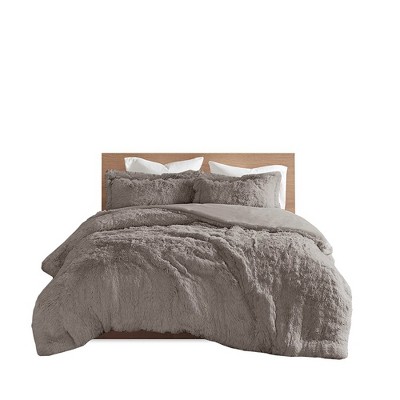 Gracie Mills Susie Solid Shaggy Long Fur Duvet Cover Set - Twin - Grey ...