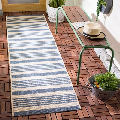 Beige and Blue Striped Synthetic Indoor/Outdoor Runner Rug