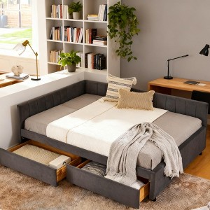 Tiramisubest Full Size Bed Frame Tufted Daybed Velvet Upholstered Frame Storage Drawers Living Room Bedroom Eucalyptus Wood Frame - 1 of 4