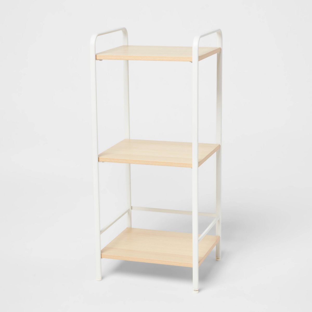 Short Wood Bath Storage Tower – White Metal
