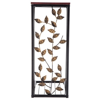 Detachable Single-Layer C-Shaped Side Table with Brown Density Board Tabletop, Black Powder-Coated Iron Frame, and Gold Leaf Brush Design