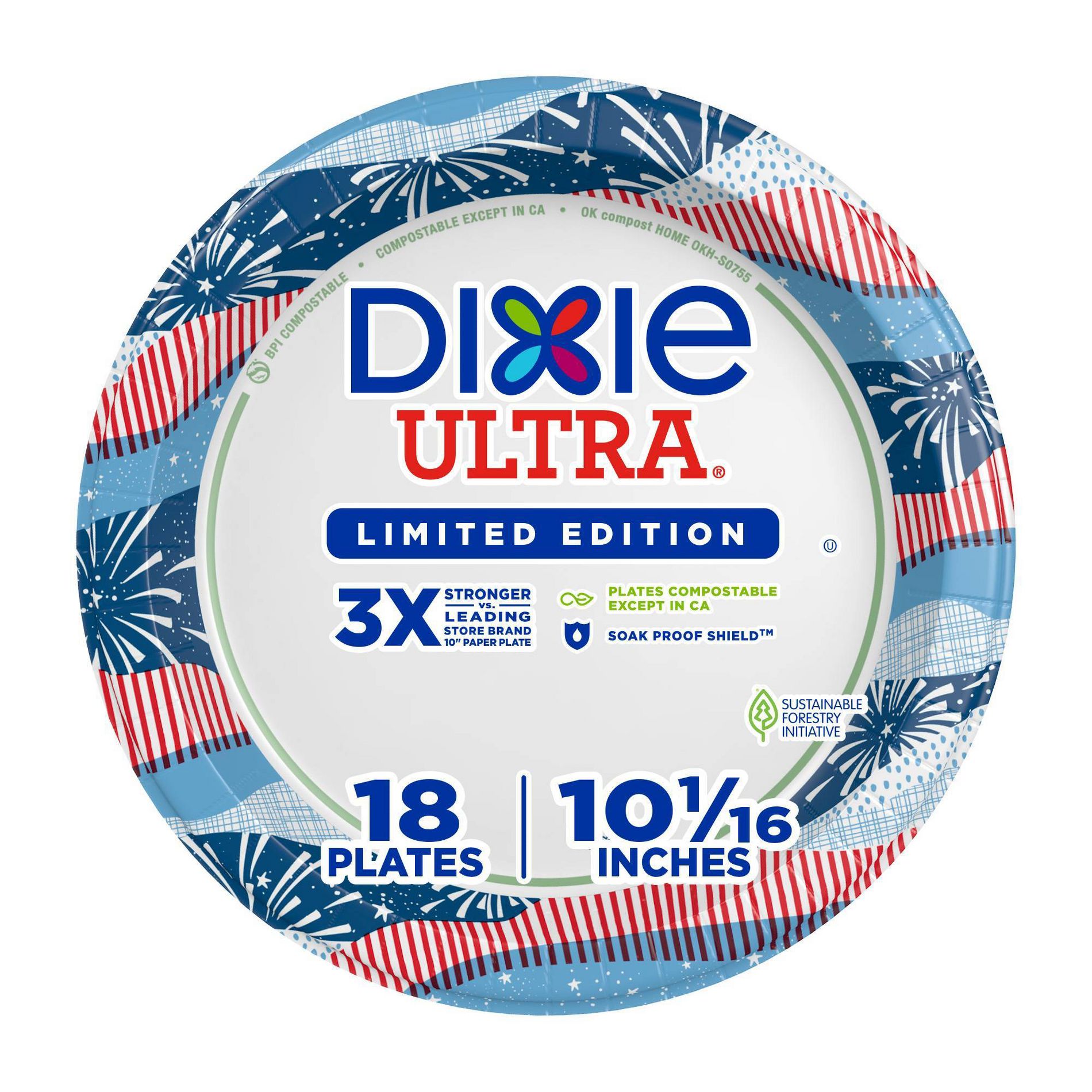 Dixie Ultra Plates 10" - Americana - 18ct: Disposable Paper Dinnerware, Round Shape, Patriotic Theme, Stars And Stripes Pattern