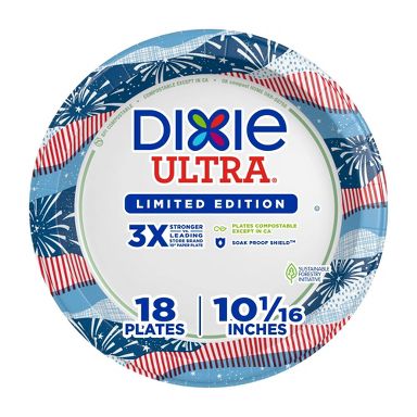 Dixie Ultra Plates 10" - Americana - 18ct: Disposable Paper Dinnerware, Round Shape, Patriotic Theme, Stars And Stripes Pattern
