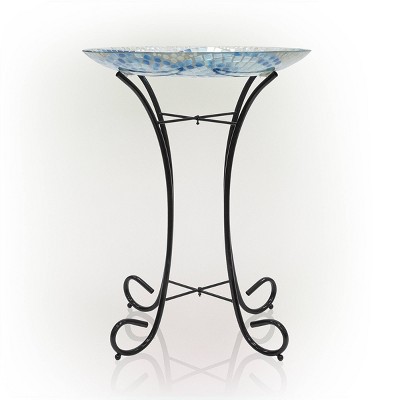 Blue Mosaic Glass Birdbath with Metal Stand, 24" Tall