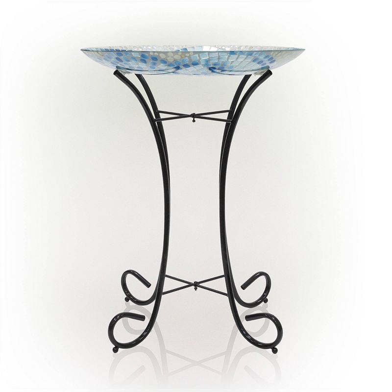 23&#34; Outdoor Mosaic Glass Birdbath Bowl with Metal Stand Blue - Alpine Corporation, 3 of 9