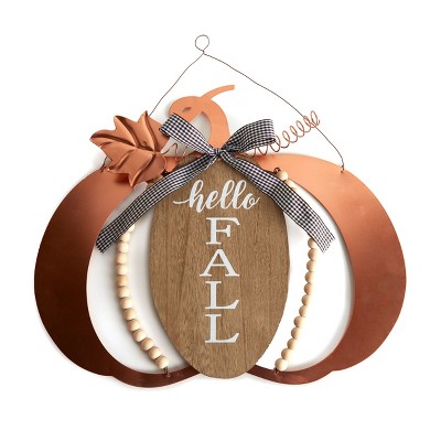 Lakeside Hello Fall Wall Hanging Pumpkin Sign - Harvest Greeting Room Accent