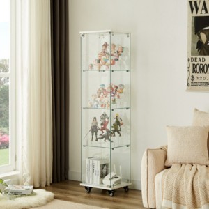 Syemin Decorative Storage Cabinets 4 Tier Glass Display Cabinet, Glass Cabinet with Wheels, Floor Standing Storage Cabinet, White, 15.8"*14.2"*62.3" - 1 of 4