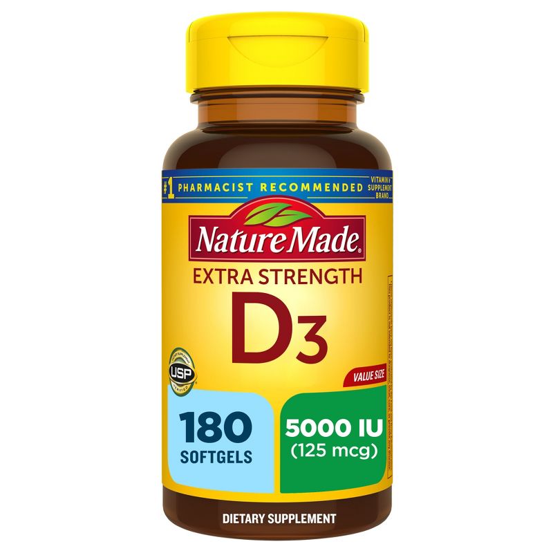 Nature Made Extra Strength Vitamin D3 5000 IU (125 mcg), Bone Health and Immune Support Softgels, 1 of 16
