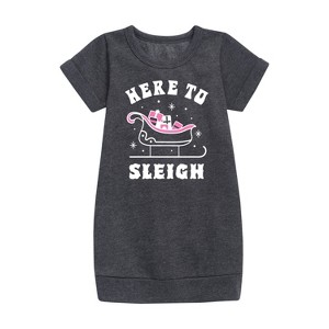 - Instant Message - Here To Sleigh Christmas Graphic Short Sleeve Fleece Dress - 1 of 4