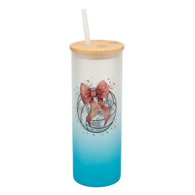 Elanze Designs 25 Ounce Frosted Glass Gradient Travel Tumbler With Straw and Wooden Lid, Volleyball with Pink Bow Sky Blue