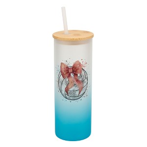 Elanze Designs 25 Ounce Frosted Glass Gradient Travel Tumbler With Straw and Wooden Lid, Volleyball with Pink Bow Sky Blue - 1 of 1