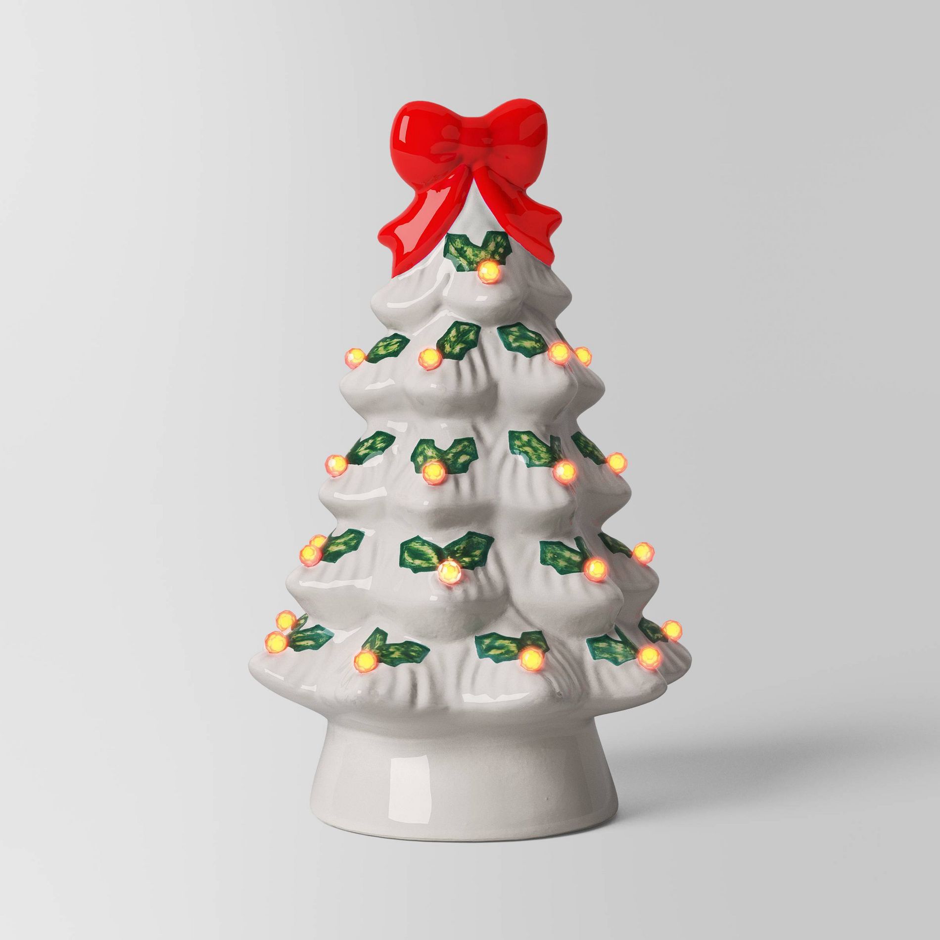 12" Lit Ceramic White Christmas Tree with Red Bow - Wondershop™