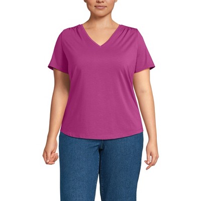 Lands' End Women's Short Sleeve Lightweight Jersey Gathered Shoulder T-Shirt