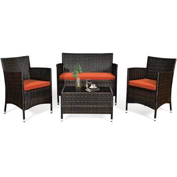 Tangkula 4PCS Patio Rattan Conversation Furniture Set Outdoor w/ Orange Cushion