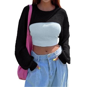 Womens Extra Cropped Pullover Sweater Waffle Knit Sweater Crew Neck Sweater Knit Crochet See Through Knit Top Cover Ups - 1 of 4