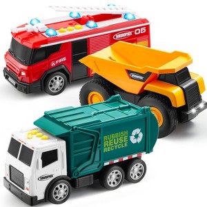 Joyfy 3-Pack Toy Trucks with Lights & Sounds: Garbage Truck, Fire Engine, Construction Truck, Educational Birthday Christmas Gift for Toddlers & Boys - 1 of 4