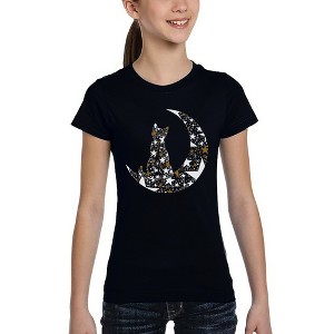 LA Pop Art Cat Sitting On Moon - Girl's Word Art T-Shirt - 1 of 4