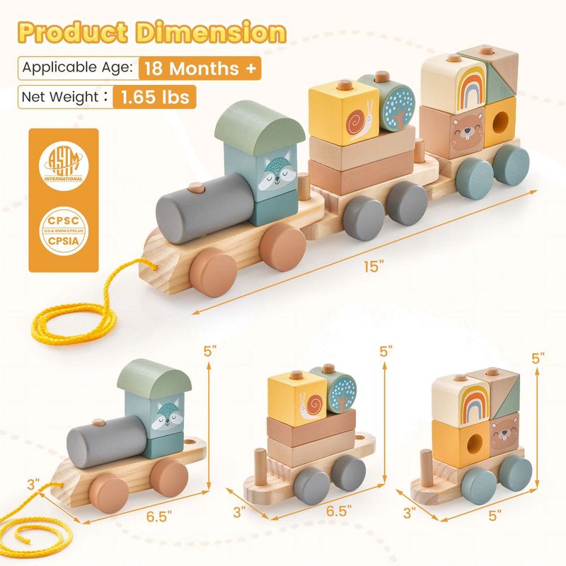 Costway Kids Wooden Toy Train Set 3-Section with Stacking Blocks Baby Toddler Education, 3 of 9