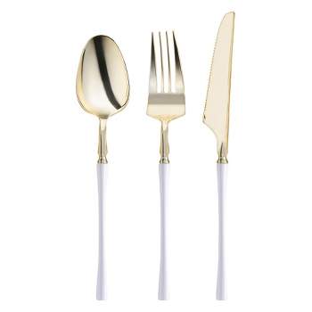 Smarty Had A Party Gold with White Handle Moderno Disposable Plastic Cutlery Set - 20 Spoons, 20 Forks and 20 Knives (240 Guests)