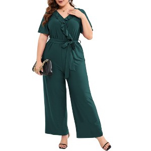 Clearlove Women Plus Size Ruffle V Neck Short Sleeve Tied Elastic Waist Wide Leg Jumpsuits Casual Rompers - 1 of 4