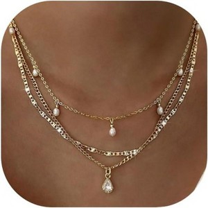 3 Piece Layered Necklace Set 14K Gold Plated Paperclip Box Chain Stackable Gold-3 Pcs-Pearl - 1 of 4