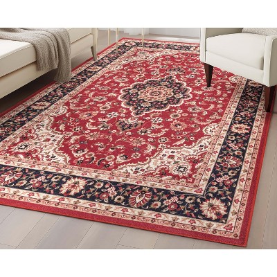 Red and Beige Medallion Synthetic Washable 5' x 7' Area Rug