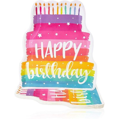 Blue Panda 15-Pack Happy Birthday Paper Serving Trays, Cute Rainbow Cake Die-Cut Disposable Food Tray Plates