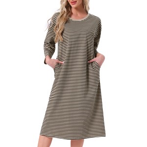 INSPIRE CHIC Womens Nightgown Cotton Stripe Long Sleeve Built-in Bra Pattern Round Neck Winter Midi Sleepwear Nightdress - 1 of 4
