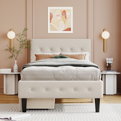 Twin Size Upholstered Platform Bed with Storage Drawers and Tufted Headboard, Linen Fabric Frame Bed for Bedroom-Baofuwish
