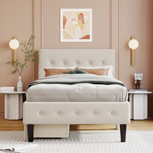 Twin Size Upholstered Platform Bed with Storage Drawers and Tufted Headboard, Linen Fabric Frame Bed for Bedroom-Baofuwish - 1 of 4