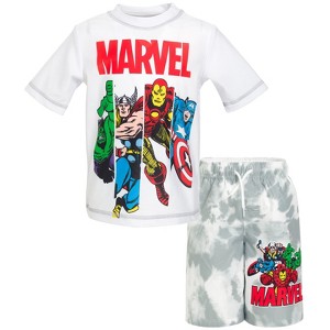 Marvel Avengers Spider-Man Captain America Hulk Iron Man Pullover Rash Guard & Swim Trunks Outfit Set Toddler to Big Kid - 1 of 4