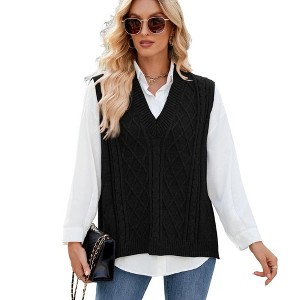 Coolmee Sweater Vest for Women V Neck Sleeveless Knit Solid Casual Ribbed Preppy Pullover Tops - 1 of 4