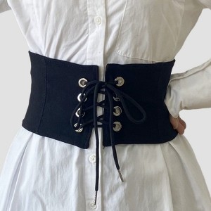 Anna-Kaci Women's Wide Lace-Up Waist Belt with Structured Panel Design and Adjustable Corset-Style Front Ties 5x25.5in - Black - 1 of 4