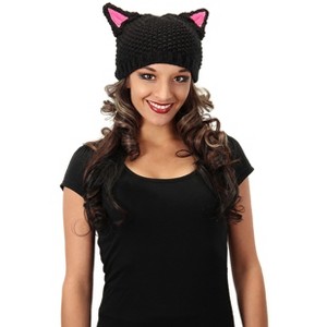 HalloweenCostumes.com    Cat Knit Beanie for Kids and Adults, Black/Pink - 1 of 4