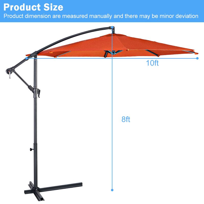 Costway 10 Ft Hanging Umbrella Patio Sun Shade Offset Outdoor Market Cross Base Orange, 4 of 10