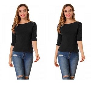 Allegra K Women's Classic Solid Elbow Sleeves Round Neck Slim Fit T-Shirts 2 Packs - 1 of 4