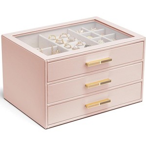 Jewelry Box with Glass Lid & 3 Drawers, Cloud White Organizer for Necklaces, Rings & Earrings, Mother's Day Gift - 1 of 4