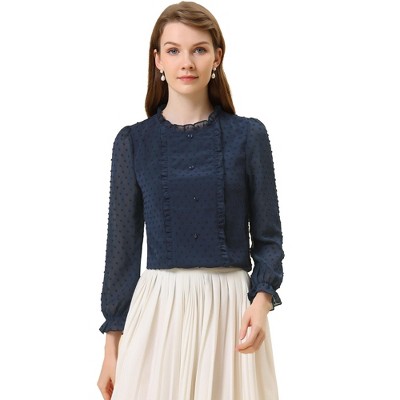 Allegra K Women's Swiss Dots Ruffle Crew Neck Puff Long Sheer Sleeve Top