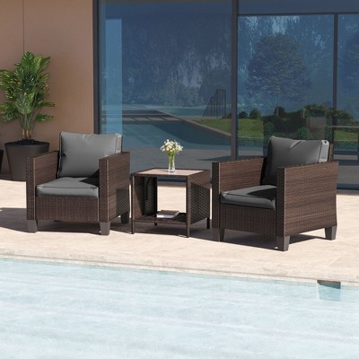 Sonkuki 3-Piece Patio Sofa Set Wicker Furniture Set Brown/Gray Rattan with Side Table